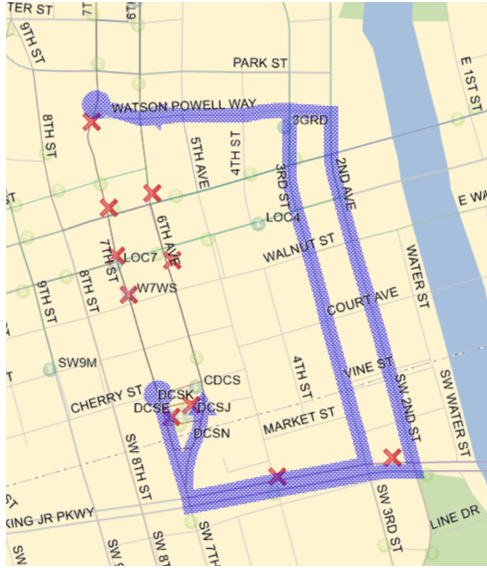 Tuesday April 21, 2026 4:00pm to 8:00pm 3, 15, 17, & 52: Inbound: From 7th (S), Left (E) on Watson Powell, Right (S) on 3rd, Right (W) on MLK, Right (N) on SW 6th to DCS. Outbound: From DCS, 7th (S) Left (E) on MLK, Left (N) on 2nd Ave, Left (W) on Watson Powell, Right (N) on 6th Ave back to route.