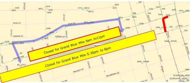 D-Line 9am – 5:30pm:  Grand (W), Right (N) on 10th, Left (w) on High/Ingersoll, Left (s) on 17th back to route.  D-Line 5:30pm – 6pm: Grand (W), Left (S) on 7th, Left (E) on Locust back to route.  D-Line 6pm: At the YMCA announce to any passengers, last stop due to the Grand Blue Mile.  Then return to the garage via 7th.                                                                                      