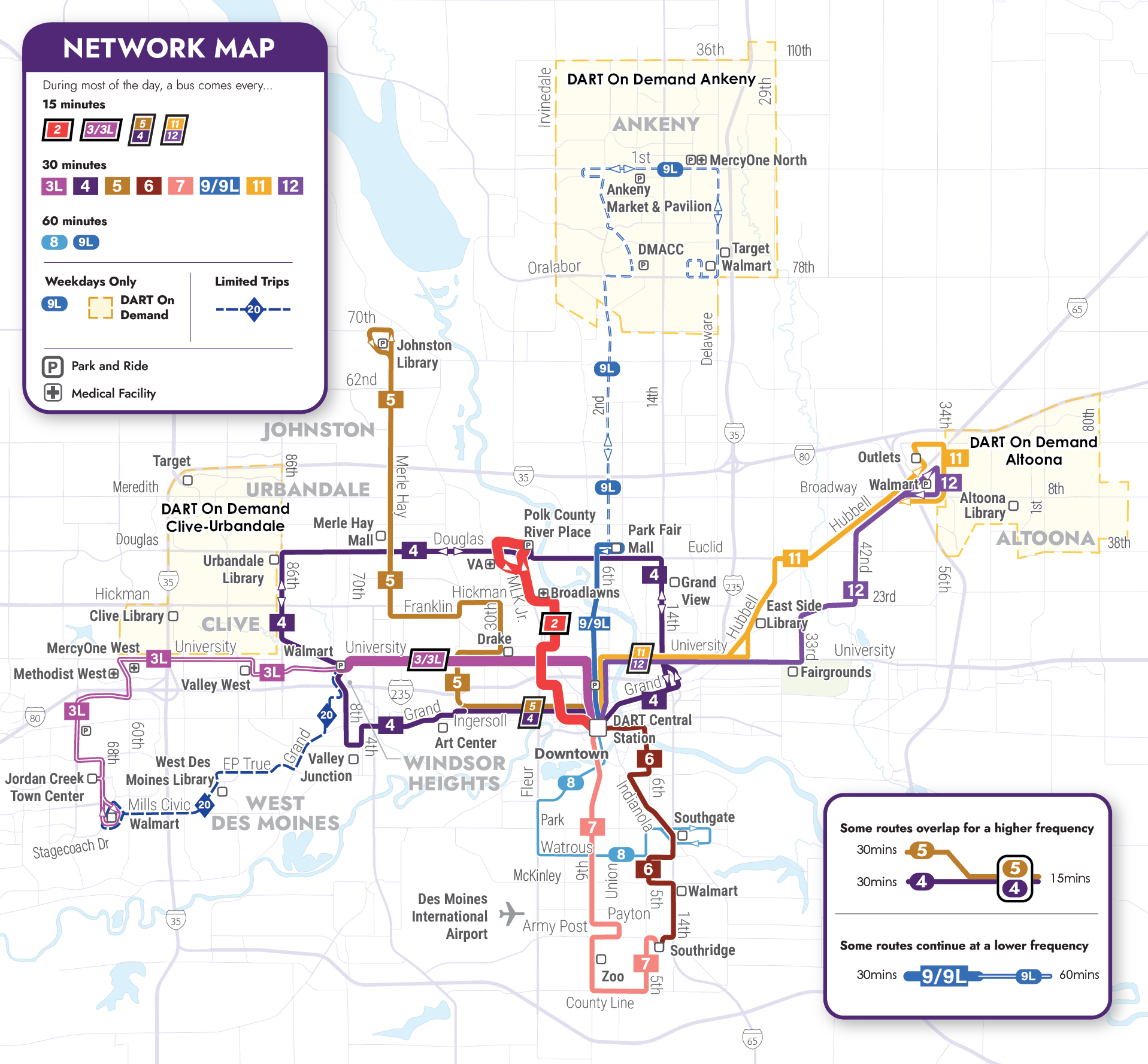 Map of new bus network. Please see turn-by-turn section for text and audio information about each route.