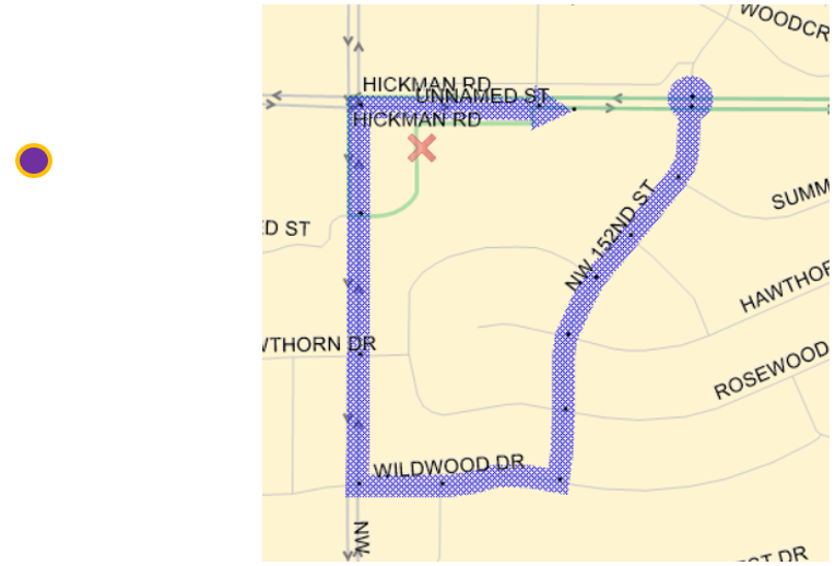 West on Hickman, Left (S) on NW 152nd St, Right (W) on Wildwood Dr, Right (n) on NW 156th St drop-off / pick-up by Kum & Go.