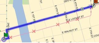 Eastbound D-Line Friday 7am to 7PM:  Locust (E), Left (N) on 2nd Ave, Right (E) on Grand back to route.