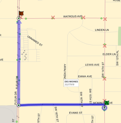Inbound:  SW 14th (N), Left (W) on Mckinley Ave, Right (N) on Fleur Dr back to route. Outbound:  Fleur Dr (S), Left (E) on McKinley Ave, Right (S) on SW 14th back to route.
