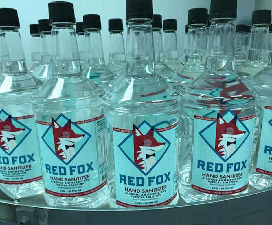 Bottles of Red Fox Hand Sanitizer created by Dehner Distilling.